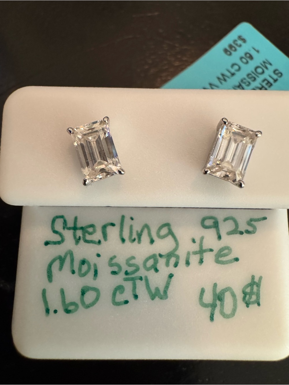 925 stamped and acid test Sterling Silver Wh Moissanite Emerald Cut Stud Earring